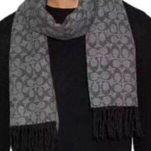 Coach Double Face Soft Wool Cashmere Scarf Gray Logo Unisex